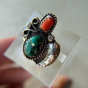 Sterling Silver Turquoise + Coral Stamped  Ring - Size 5.5